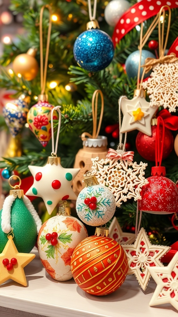 A collection of DIY Christmas ornaments made from glass, salt dough, and paper, displayed with holiday decorations.